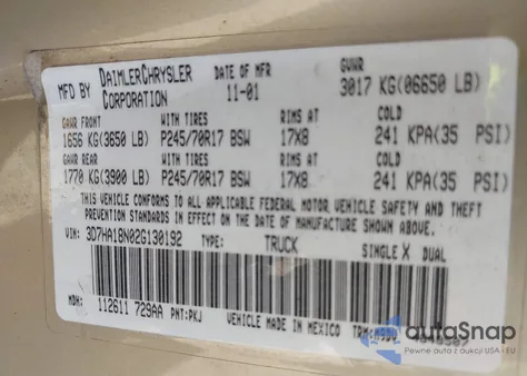 2002 Dodge Ram 1500 St из США, поврежденный, VIN 3D7HA18N02G130192